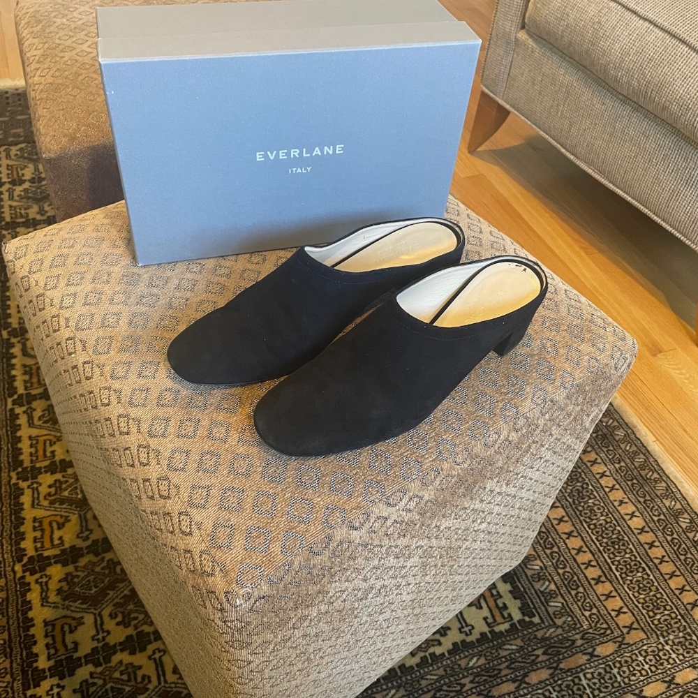 Everlane Day Heel Mules, black suede, size 10